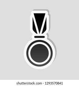 Award, medal with ribbon, icon of sport. Sticker style with white border and simple shadow on gray background