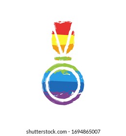 Award, medal with ribbon, icon of sport. Drawing sign with LGBT style, seven colors of rainbow (red, orange, yellow, green, blue, indigo, violet