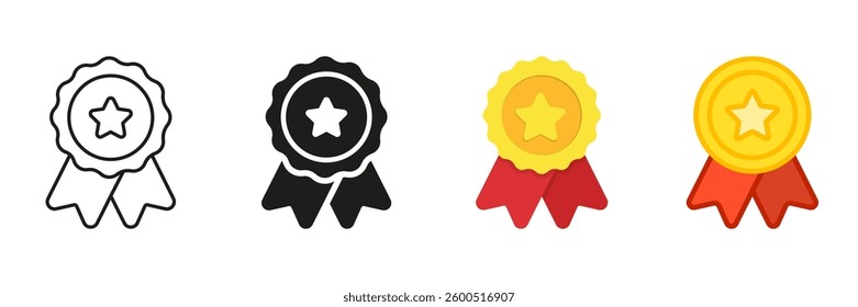 Award Medal With Ribbon Line And Solid Icon Set. Achievement And Prize Symbol Collection. Isolated Vector Illustration.