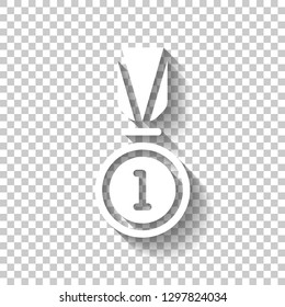 Award, medal with ribbon and number one, icon of sport. White icon with shadow on transparent background