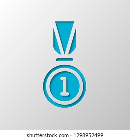 Award, medal with ribbon and number one, icon of sport. Paper design. Cutted symbol with shadow