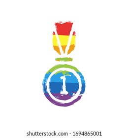 Award, medal with ribbon and number one, icon of sport. Drawing sign with LGBT style, seven colors of rainbow (red, orange, yellow, green, blue, indigo, violet