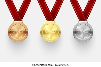 Award medal set, trophy and achievement honor. Prize, mark of recognition to give in honour of sport, music achievement. Vector illustration