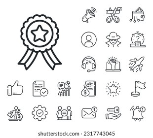 Award medal sign. Salaryman, gender equality and alert bell outline icons. Winner ribbon line icon. Best achievement symbol. Winner ribbon line sign. Spy or profile placeholder icon. Vector