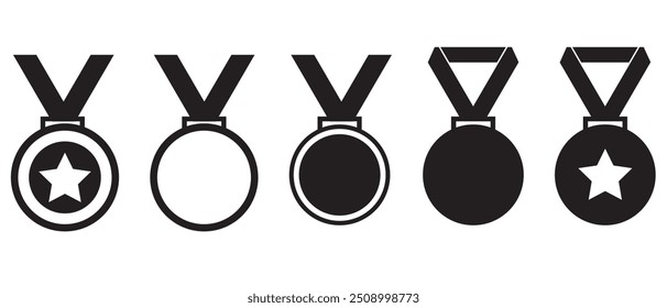 Award Medal, silhouette icon. Medal icon, vector set. Sport award, top reward, winner and champion trophy. Vector illustration.