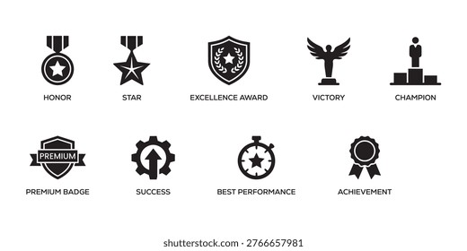 Award Medal Solid Icons Set. Achievement, Best Performance, Success, Premium Badge, Champion, Victory, Excellence, AwardStar, Honor
