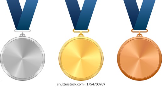 Award medals with blue ribbons.Vector illustration of honor medallion.