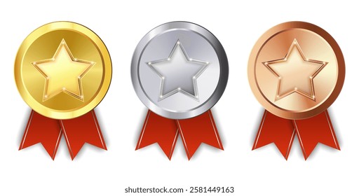 Award medals, gold, silver, and bronze medals on transparent background