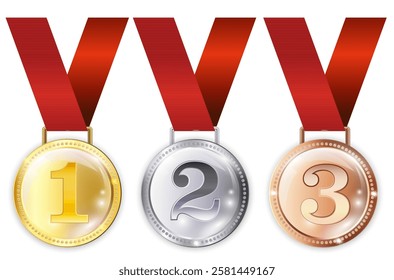 Award medals, gold, silver, and bronze medals on transparent background