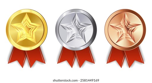 Award medals, gold, silver, and bronze medals on transparent background