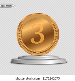 
Award medals isolated on a transparent background. Vector illustration of the concept of the winner. Victory of the winner. Medals for the competitors. Rounds on the podium.