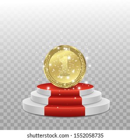 Award medals isolated on a transparent background. Winner medal on the podium. Glitter medal. Vector illustration of a winner concept.
