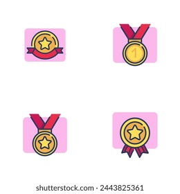 Conjunto de iconos de línea de medallas de premio. Medallas de oro con estrella y cinta. Concepto de triunfo o logro. Elemento de símbolo de ilustración vectorial para diseño web y aplicaciones