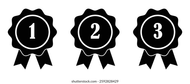 Award medals with numbers 1, 2, and 3 in black and white, symbolizing ranking, achievement, competition, success, and championship recognition. A set of medals for first, second and third place.