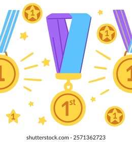 Award medals and ribbons in gold and purple with decorative stars and laurels. Perfect for event branding, achievements, or celebratory visuals. Vector illustration