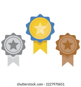 Award medals vector set gold, silver and bronze isolated on white background. Winner medal with blue ribbon badge.