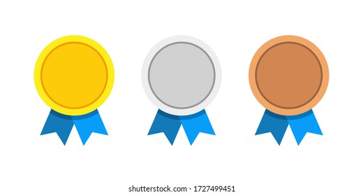 Award medals vector set golden, silver and bronze isolated on white background. Winner medal with blue ribbon icon. Championship award. Achievement victory concept. 