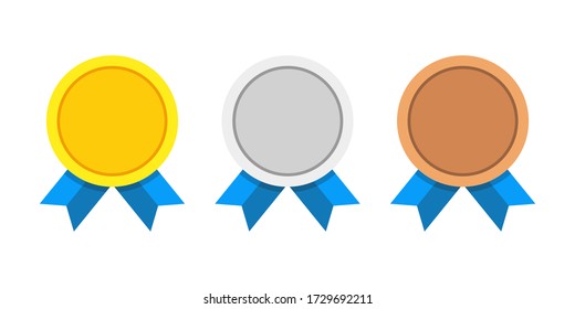 Award medals vector set golden, silver and bronze isolated on white background. Winner medal with blue ribbon icon. Championship award. Achievement victory concept. 