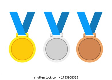 Award medals vector set golden, silver and bronze isolated on white background. Winner medal with blue ribbon icon. Championship award. Achievement victory concept. 