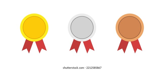 Award medals vector set golden, silver and bronze isolated on white background. 
Winner medal with blue ribbon icon. Championship award. Achievement victory concept.