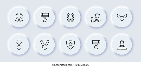 Award neomorphic line icons set. Medal, ribbon, star, achievement, victory, leader, champion, hand, championship, position, standings. Competition concept. Vector neomorphic line icons set