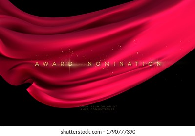 Award nomination ceremony with luxurious red flying silk wavy background with gold glitter and sparkle. Vector illustration EPS10
