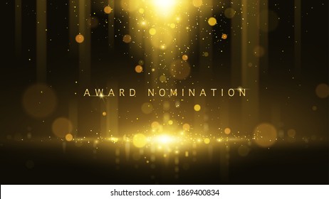 Award nomination ceremony luxury background with golden glitter sparkles and bokeh. Vector presentation shiny poster. Film or music festival poster design template. 