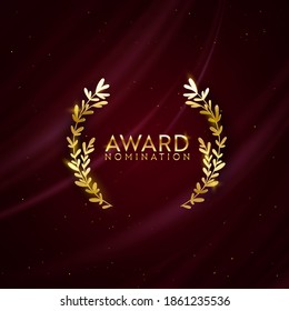 Award Nomination Design Background. Golden Winner Glitter Banner With Laurel Wreath. Vector Ceremony Luxury Invitation Template, Realistic Silk Abstract Fabric Texture, Prize Nominee Business