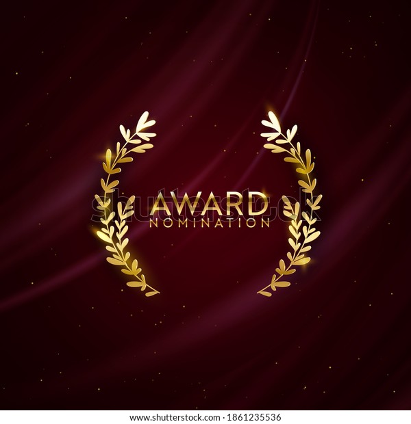 Award nomination design background. Golden\
winner glitter banner with laurel wreath. Vector ceremony luxury\
invitation template, realistic silk abstract fabric texture, prize\
nominee business