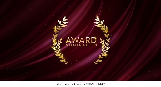 Award Nomination Design Banner. Golden Winner Glitter Background With Laurel Wreath. Vector Ceremony Luxury Invitation Template, Realistic Silk Abstract Fabric Texture, Prize Nominee Business