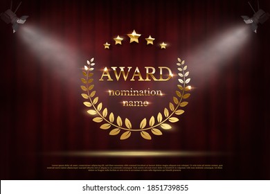 Award Nomination Emblem, Stage In Spotlight With Red Curtain Background. Movie Award Ceremony Opening, Celebration Event, Announcement Vector Illustration. Film Theatre Scene.