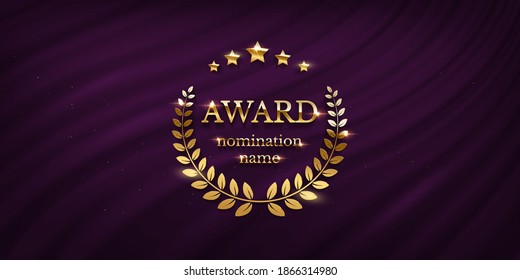 Award Nomination Emblem, Stage In Spotlight With Purple Curtain Background. Movie Award Ceremony Opening, Celebration Event, Announcement Vector Illustration. Film Theatre Scene.