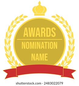 Award nomination gold medal with Frame of laurel wreath isolated white background. Best ranking design with red ribbon. Luxury vector illustration can used template for best seller mark. EPS 10