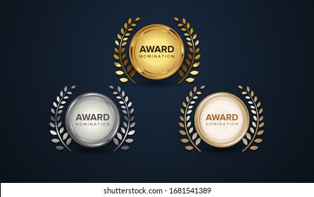 Award nomination with gold, silver and bronze color with logo type and emblem