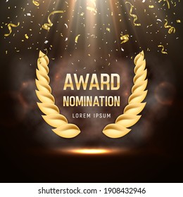 Award Nomination With Laurel Wreath And Falling Confetti. Vector Illustration.