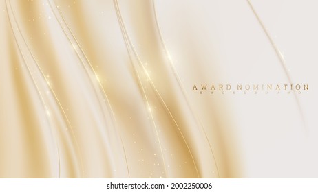 Award nomination on pastel cream color luxury background, curve golden line on canvas scene sparkle, 3d realistic vector illustration.