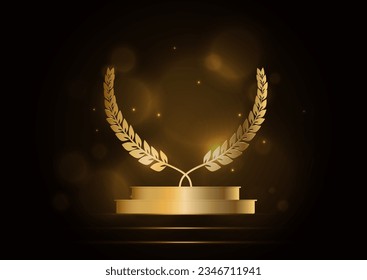 Vorlage für die Preisnominierung. Banner mit Podium und Lorbeerblätter. Goldene leuchtende Szene mit Funkeln. Luxuriöser Hintergrund. Vektorgrafik.