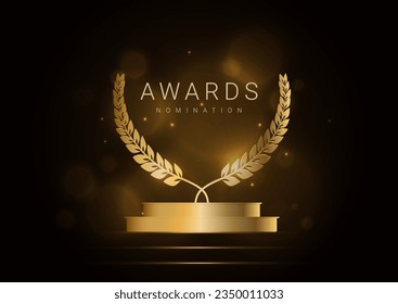 Award nomination template. Golden glowing scene with sparkles. Banner with podium and laurel leaves. Luxury background. Vector.