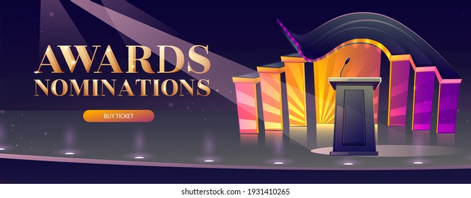 Award nominations cartoon banner with tribune, microphone, glowing spotlights in conference hall, stage for presentation, empty scene interior. Announcement of ceremony event vector poster