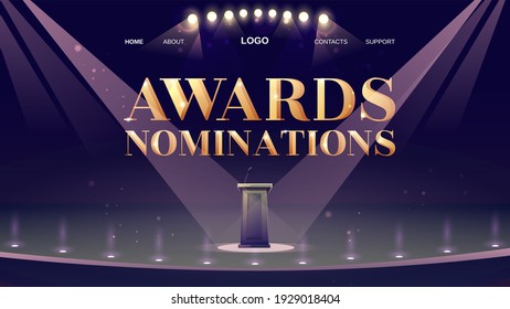 Award nominations cartoon landing page with tribune, microphone, glowing spotlights in conference hall, stage for presentation, empty scene interior. Announcement of ceremony event vector web banner