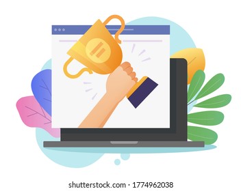 Award online web vector or digital internet website winner prize achievement on laptop computer, victory golden cup trophy flat cartoon, concept of championship competition gift, contest challenge win svg