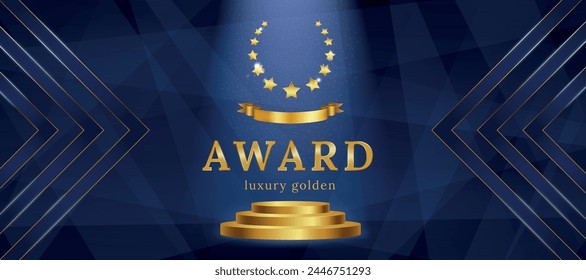 Award party. Reward ceremony banner. Trophy podium. Luxury golden star or ribbon. Birthday celebration. Abstract diamond pattern. Premium business poster. Gold wedding texture. Vector prize background