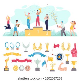 Award for people winning in sport vector illustration set. Cartoon flat sportsman characters standing on podium, awarding medal and cup prize for happy champion winner, awards icons isolated on white