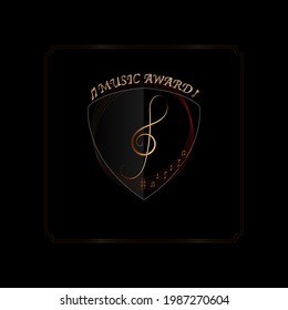 Award plaque in the shape of a guitar pick, gold notes on chords on red-gold. Music award concept. Best Vector Golden Music Award Winner And Gold Tone Icon