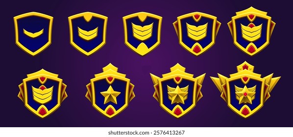 Award player emblem set. Gold game rank player level. Legend, epic achievements and badges. Metallic style gemstone, star. Fantasy, adventure.