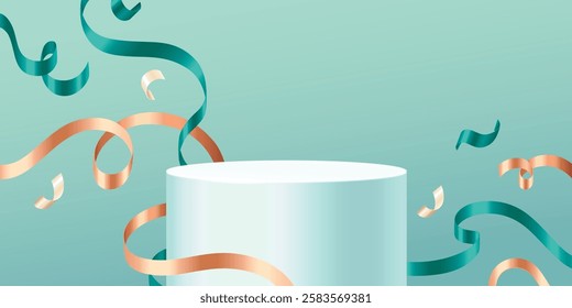 Award podium, confetti and ribbons on turquoise background. Vector realistic illustration of round product presentation platform, color streamer flying in air, holiday discount or sale banner template