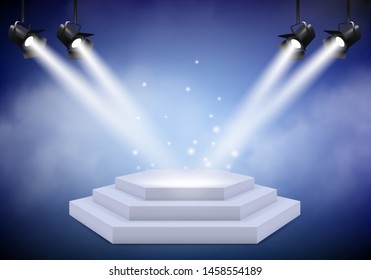 Award podium. Empty trophy event stage with stairs projector lighting and fog vector realistic background. Illustration of pedestal and podium, platform empty light, show illuminated