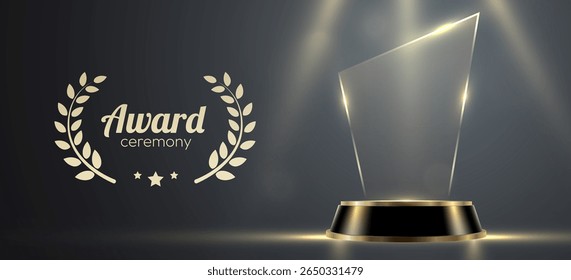 Award podium with glass trophy with laurel wreath on dark background. Symbol of victory, achievement, success, rewarding of winner. Vector illustration