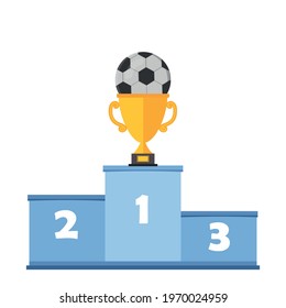 Award podium with gold cup and soccer ball, color vector illustration in flat style