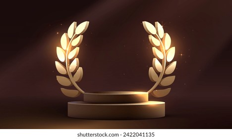 Award podium with golden leaves. Winner or achievement concept. Vector illustration